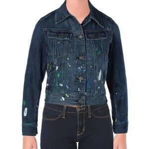 Lauren Ralph Lauren Paint Splatter Denim Trucker Jean Jacket L Blue Button Up